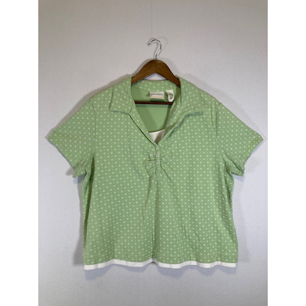 Cottagecore Alfred Dunner Women 2X Green Floral Layered‎ Look Polo Top Short Slv